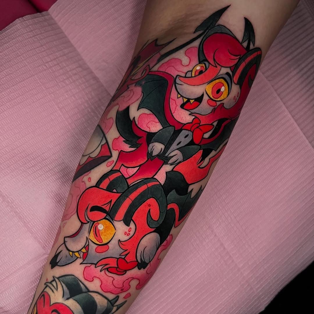 ❤️‍🔥✨Razzle and Dazzle✨❤️‍🔥 The cutest babies from Hazbin Hotel✨❤️‍🔥✨ Thank you so much @thackerinabiinx !!!!! It was so much fun hanging/nerding out with you❤️‍🔥✨❤️‍🔥to book a Hazbin or Helluva tattoo visit nikkirextattoos.com or click the link in my bio❤️‍🔥✨❤️‍🔥✨(ps: I havnt been posting my helluva tattoos iv done recently for a reason, and I wish I could show you them so bad!! All will be revealed soon✨✨✨) #hazbinhotel #hazbinhotelfanart #hazbinhoteltattoo #razzleanddazzle #hazbinhotelcosplay #hazbinhoteledit #hazbinhotelfandom #charliemorningstar #sandiegotattooartist #sandiegotattoo #sandiegotattooartist #sandiego #thehideawaytattoo