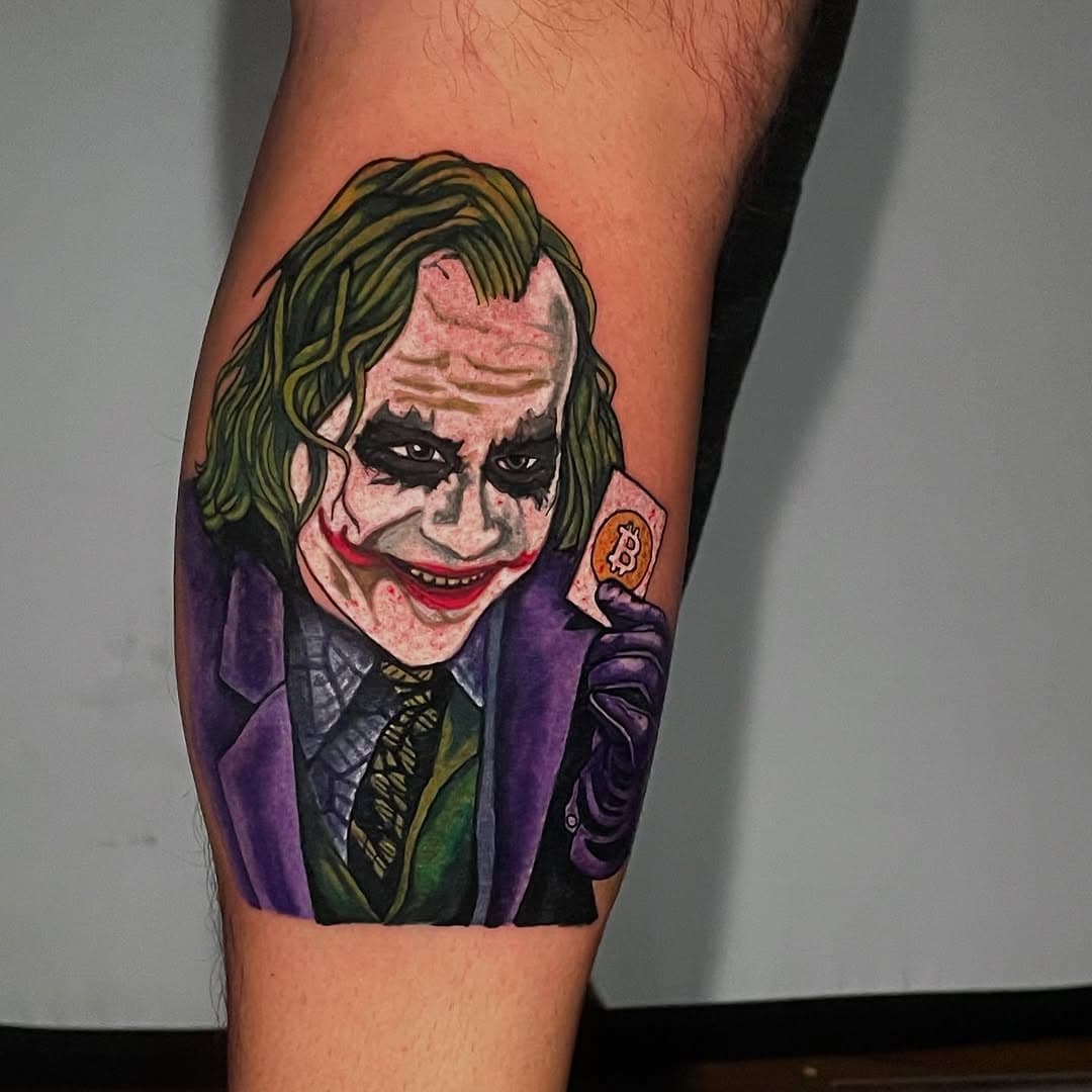Bet you guys didn’t know The Joker is really into crypto, true story.  First Gotham, now the currency haha! This super fun tattoo was done by @evil_rob who is currently booking March / April. Shoot him a DM to book! #tattoo #nj #newjersey  #njtattooartist #customtattoo #newfoundlandnj #tattoo #okamitattoo #evilrobtattoos #heathledgerjokertattoo #heathledger #bitcoin #thejoker