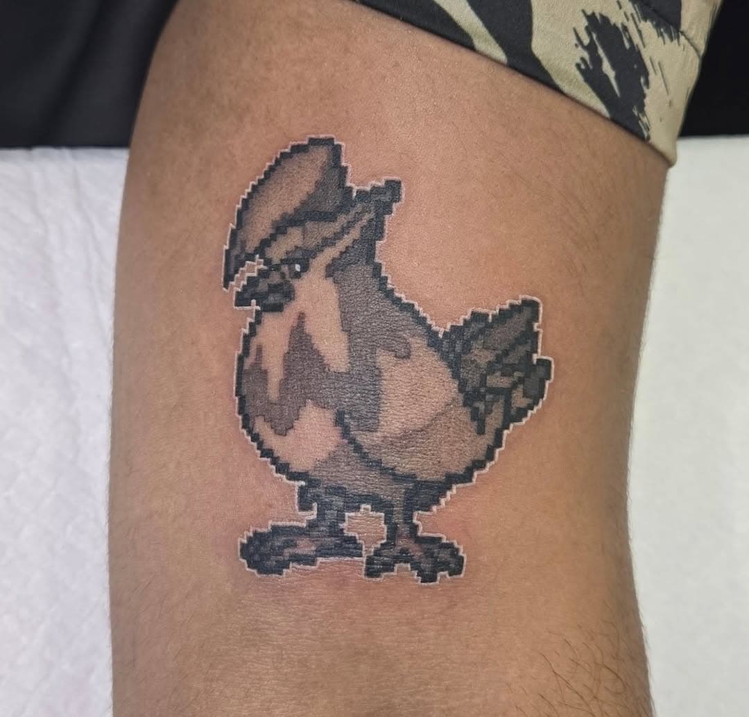 Black and Grey pixel Staraptor by @babybluegotblues! Kylie would love to do more like this. You can see more of her work and booking info on her page! #mimiktattoo#pokemontattoo#animetattoo#videogametattoo#tattooartist#nctattooers#charlottetattooers#charlottetattooartist#charlottetattooshop#animetattooartist