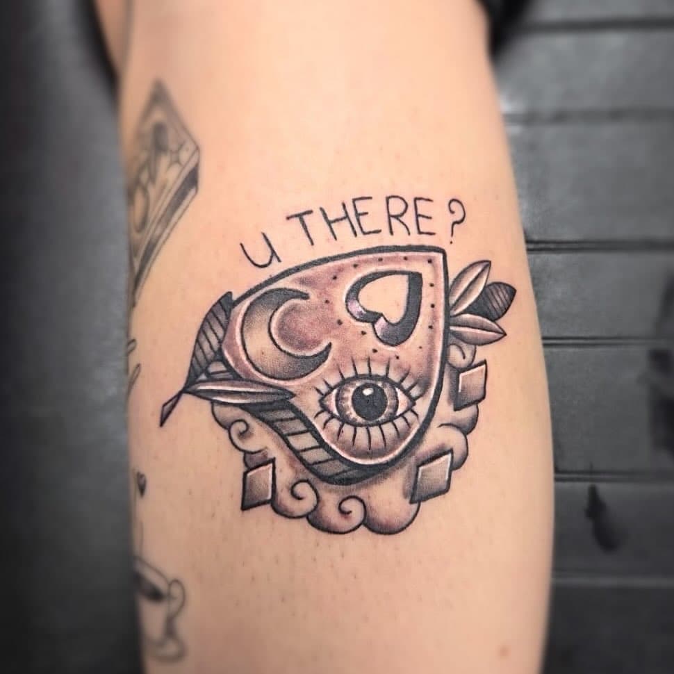 Tattoo done by Kyle in our Barrie location, for any inquiries or to book a consultation or email barriewildink@gmail.com #tattoo #tattoos #tattooed #tattooshop #tattooartist #ink #inked #inkedtattoo #wildink #wildinkstudios #wildinkbarrie #ouija #ouijaboard #ouijatattoo #ouijaplanchette #blackandgreytattoo #uthere? #spirits #ghosts #afterlife #barrie #ontario #canada #barrietattoos