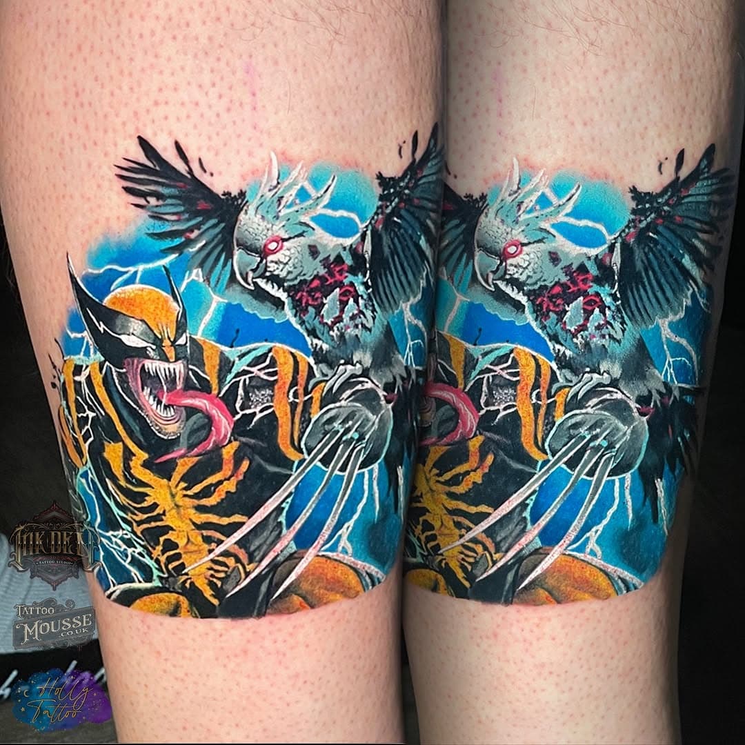 Venomized Wolverine with a Zombie Cockatoo 😄

Loved doing this 💛

#colourtattoo #zombiebirdtattoo #marveltattoo #wolverine #venom #venomizedwolverine #zombietattoo #comicbookart #comicbooktattoo #geekytattoo #vgta2