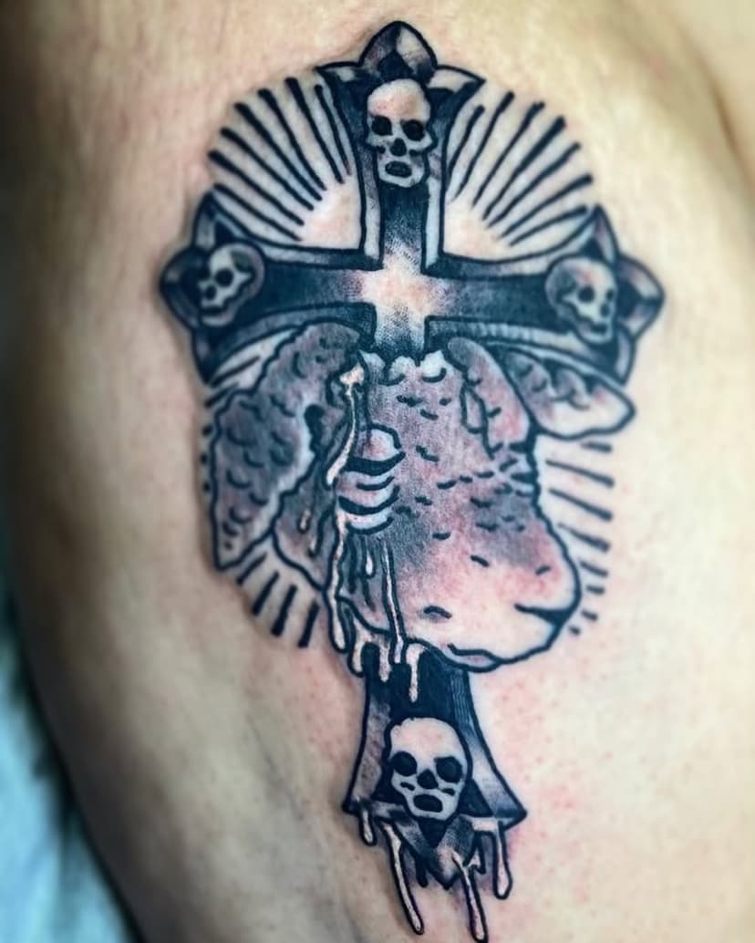 Awesome walkin tattoo by @n8harmon !, walkins open everyday that we are open!. #weirdtattoo #animaltattoo #tattooshop #walkintattoo #muncie #muncietattoo #folktattoo #animaltattoo #christiantattoo #crosstattoo #scarytattoo