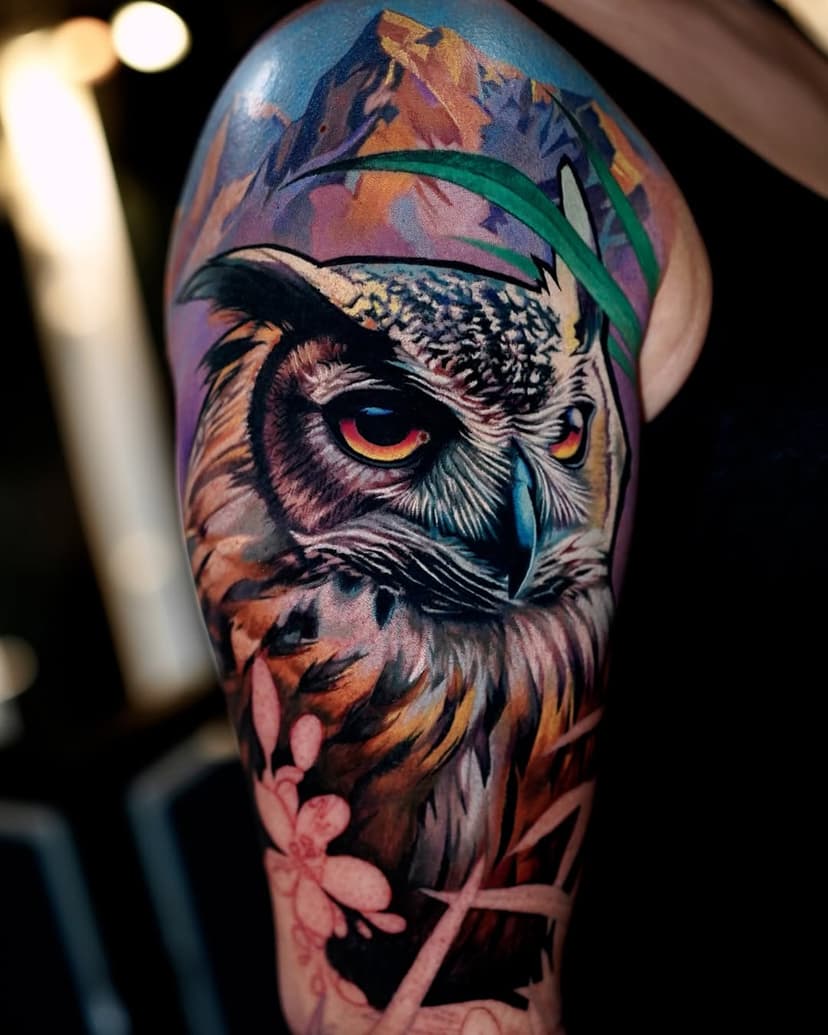 🦉Sleeve in Progress.
 Done at @artfaktors.
.
.
.
.
.
#owltattoo #realistictattoo #realismtattoo #colortattoo #realistictattoo #colortattoos #besttattoos #besttattooartist #customtattoo #animaltattoo