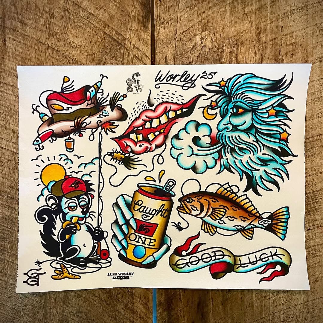 Some fishing superstitions on a new sheet from @lukeworleytattoo All designs on display @goodgracestattoo and available to be tattooed at your request!

•
•
•

#lukeworleytattoo #goodgracestattoo #wilmingtonnctattoo #wilmingtonnctattoos #nctattooers #tradworkers #tradworkerssubmission #traditionaltattoo #traditionaltattoos #boldwillhold #oldlines #traditional #tradworkers #traditionalflash #tradflash #flashsheet #fishing #fishingtattoo #fishingtattoos