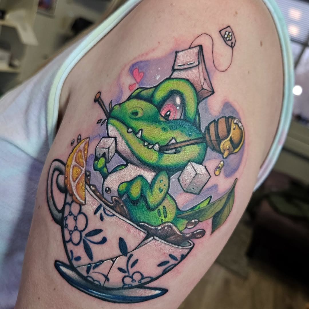 Tattooed my Tea-Rex today. I hope you all enjoy this little guy, and thanks for the look. 

#tattoo #tattoos #tattooed #tattooedwomen #womenwithtattoos #dinosaurtattoo #dinotattoo #trex #tearex #pun #foodpun #tea #teatime #tattooteacup #colortattoo #denver #denvertattoo #denvertattooartist #colorado #coloradotattoo #coloradotattooartist #stencilstuff #worldfamousink #newschool #newschooltattoo