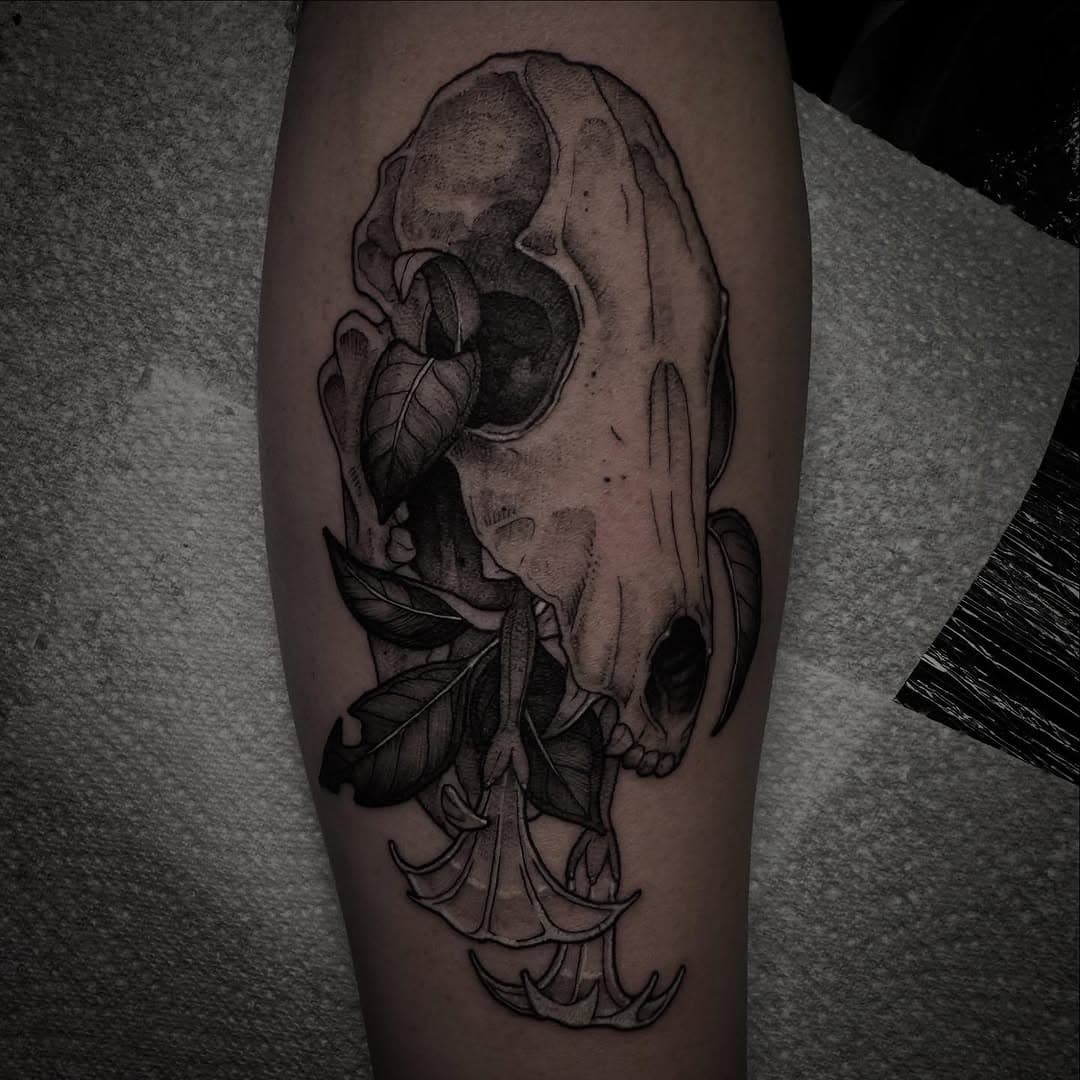 Added this super fun fox skull with angel trumpets from yesterday! Can’t wait to add more to this patchwork sleeve! 
.
.
.
.
#skull #skulltattoo #tattoo #tattooart #blackwork #ornamentaltattoo #illustrativetattoo