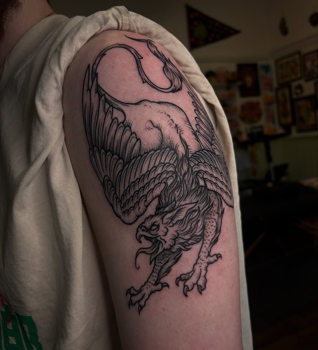 Woodcut Griffin for Adam. Had a lot of fun with this. Keep the cool ideas coming #griffintattoo #woodcuttattoo #tattoos #tattooed #blackwork #dotwork #blackworkers #onlyblackwork #blackworkerssubmission #darkartists #uktta #tattooidea #uktoptattooartists #iblackwork #darkartists #uktta #blkttt #glasgowtattoo #glasgowtattooartist #flashworkers
