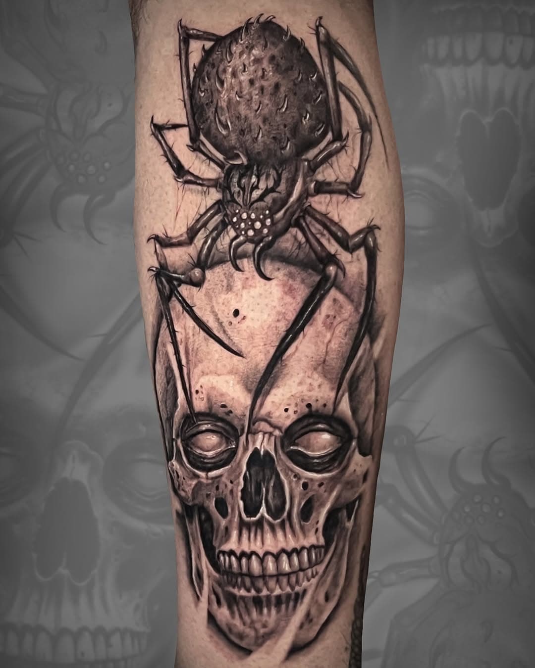 🕷️ (Work in progress) 💀 
Honored to tattoo talented artist and friend, @noeyack.ink 👏 I can’t wait to finish this one! 

•
•
•
#tattoo #skulltattoo #spidertattoo #horror #michigantattooartist