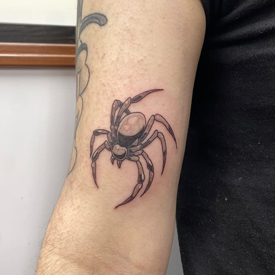 some trad chrome for yall 🕷️
•
thank you aria for trusting me 🌟absolutely loved doing this 
•
i am booking for march, don’t hesitate to send me your ideas 💫
•
#tattoos #tattooartist #blackandgreytattoo #spider #spidertattoo #trad #tradtattoos