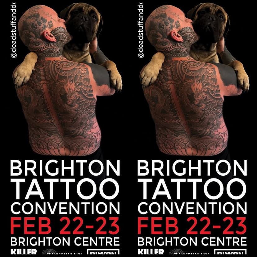 @deadstuffanddots is off repping @indelible_ink_studio at the prestigious @brightontattoocon this weekend . . . 

He picked up a first place award last year and has something special lined up for this year also.

This convention is loaded with Big Hitters from all over the world. . . Lots of artists working the show have big Banners put on Lamposts and Buildings around the City for advertisement . . . Gez has been on one previous years and heres his Banner for this year with help from Cooper 😂. . . 

Anybody seen it ?! 

If you are able to swing by this show this weekend its absolutely worth it 10’000%

#brighton #brightontattoo #brightontattooconvention #tattooshow #theog #indelibleink #southcoast #bullmastiff