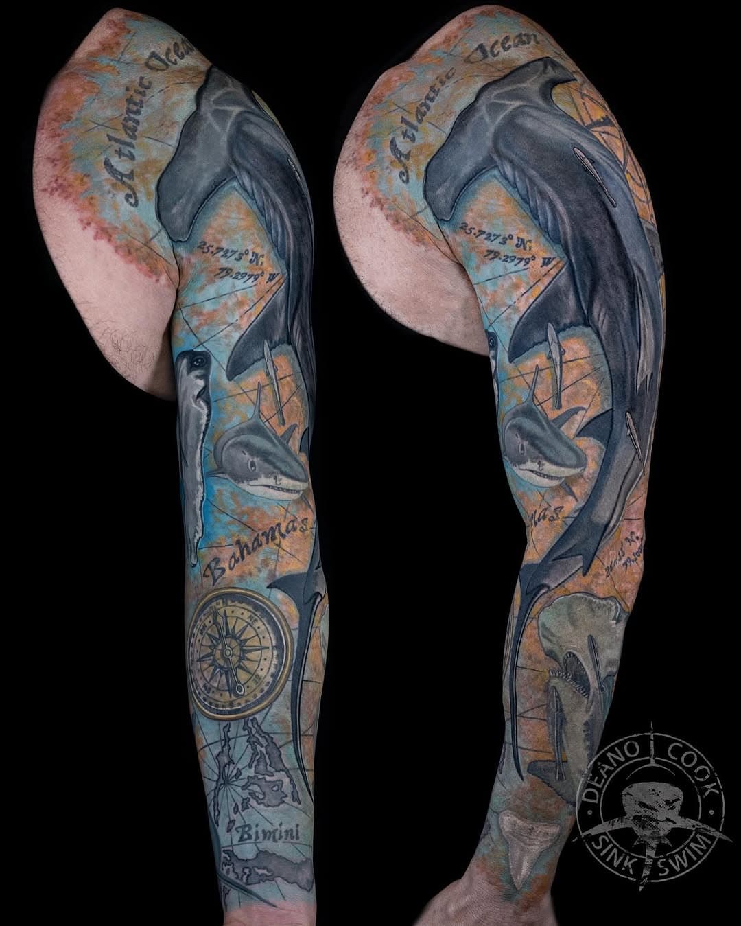 This project is dedicated to my love of #BiminiBahamas and the #Sharks the frequent the waters there. This sleeve features several of the usual #Hammerheads that migrate there, as well as ‘Joker’ the #Tigershark that often shows her pretty face. I made this using 100% my own #underwaterphotography and drawing heavily from my many years of diving there with these beautiful animals. When clients become great friends it’s such a blessing. This collector, Brett Landau @bgland82 is a true man’s man. He served our country in the military ,still in the reserves, while also being one badass police officer in South Florida. Not to mention he’s a waterman and diver. My kind of dude. Nothing but love and respect. 
@sinkorswim_studio 
SPONSORED BY: 
@aftercareh2ocean 
@h2oceanproteam 
@fusion_ink 
@fkirons 
@hivecaps 
@anchored_stencil 
#hammerheadshark #greathammerhead #greathammerheadshark #sharktattoo #hammerheadtattoo #hammerheadsharktattoo #tigersharktattoo #compass #compasstattoo #colortattoo #oceantattoo #realismtattoo #colorrealism #colorrealismtattoo #deanocook #deanocooktattoo 
@iineal @biminiscubacenter @biminisharkgirl @underwatercameraman @ken_kiefer_underwater @eddiekolos @sharkgirlfitness @johngarzaphoto @blondesharkdiver