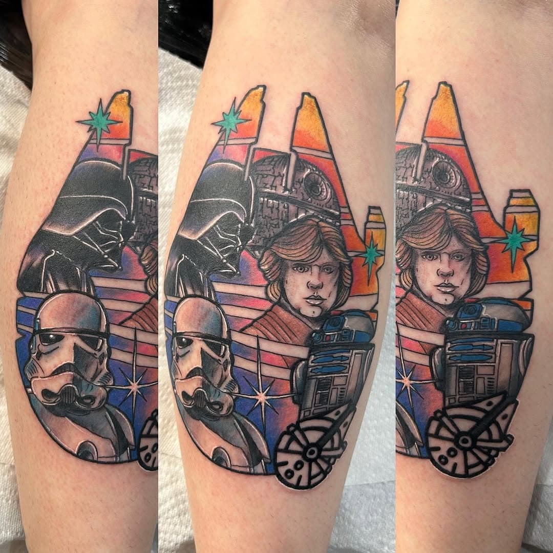 Super fun to put this Star Wars themed one together for @d5brh the other week 😎✌🏻

Books open till May 10th in Glasgow!! DM to get booked in✌🏻

@toothlesstattoosart @newimagetattoocollective
@riverstyx

Done using @keithbmachineworks @blackngoldlegacy @sknworksuk

#delboi#delboitattoos#glasgow#glasgowtattoo#glasgowtattooartist#glasgowart#scotland#winnipegtattoo #tattoo#tattoodesign#tattooartist#tattooart#totaltattoo#tattooflash#art#coils#instatattoo#traditionaltattoo#tattooingisntcool#starwarstattoo#starwars#colourtattoo#legtattoo#girlswithtattoos