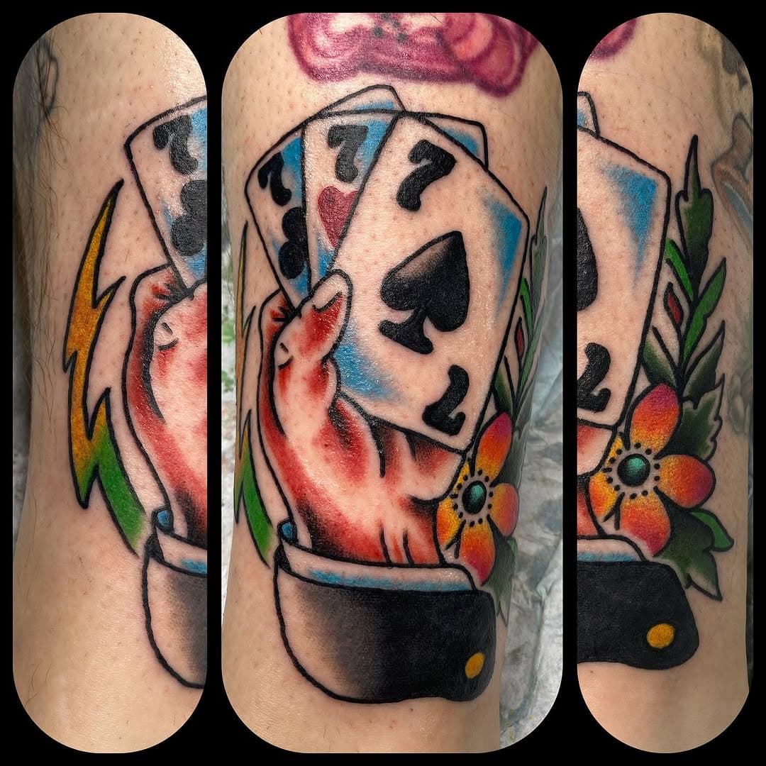Lucky hand. #triple7 #777 #traditional #cards #playingcards #dealem #game #traditionaltattooer #marylandtattooer #baltimore #belair #fallston #fleshtattoo #reademandweap #brightandbold #boldwillhold #theboldlookofkohler
