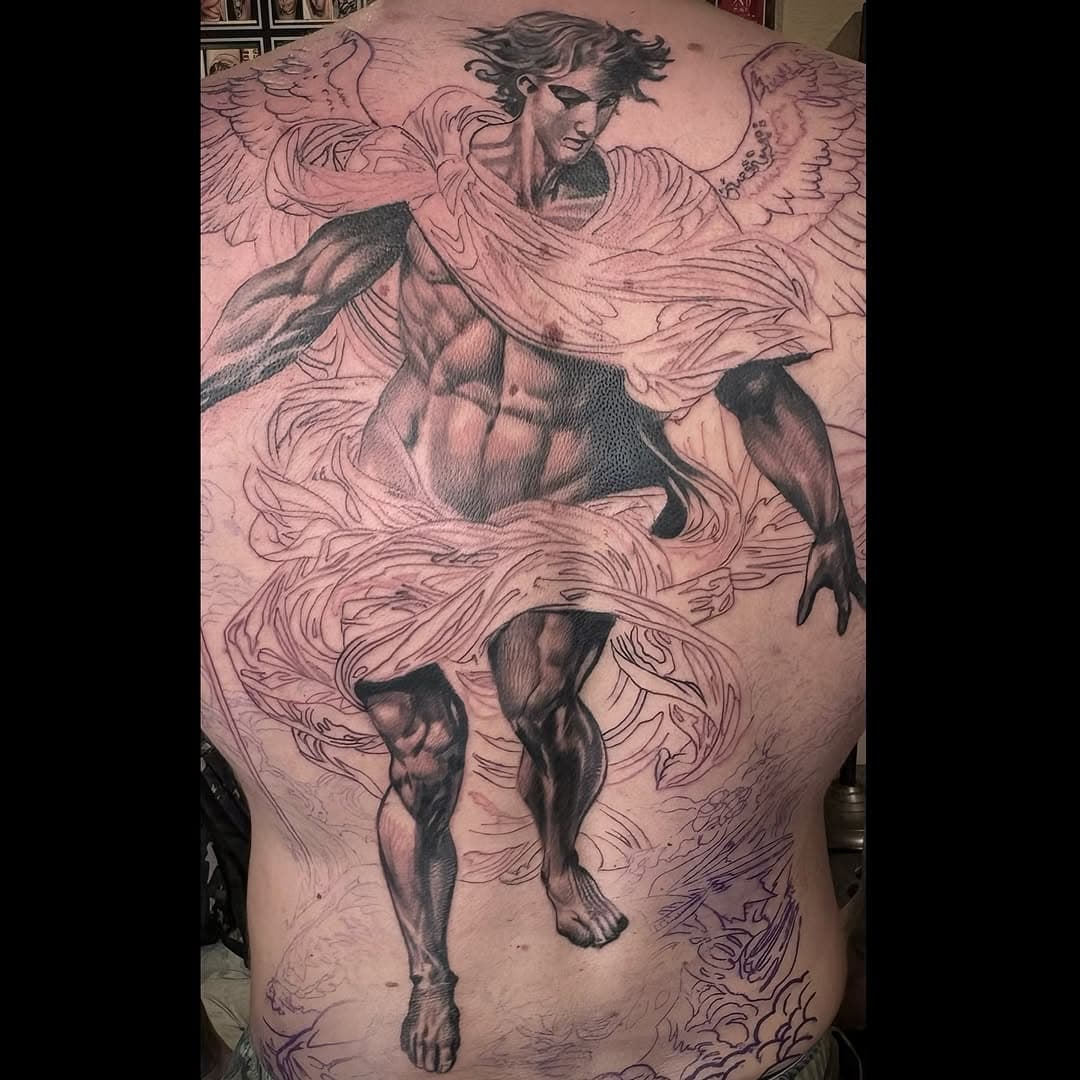 First session done! Here's a progress pic of Saint Michael. If you're interested in booking a tattoo appointment, send me a DM or email Arictaylortattoo@gmail.com 📧. Appreciate your support! 🙏🏻 #tattooart #saintmichael #tattooartist @blackanchorworldwide @revolution__ink @anchored_stencil