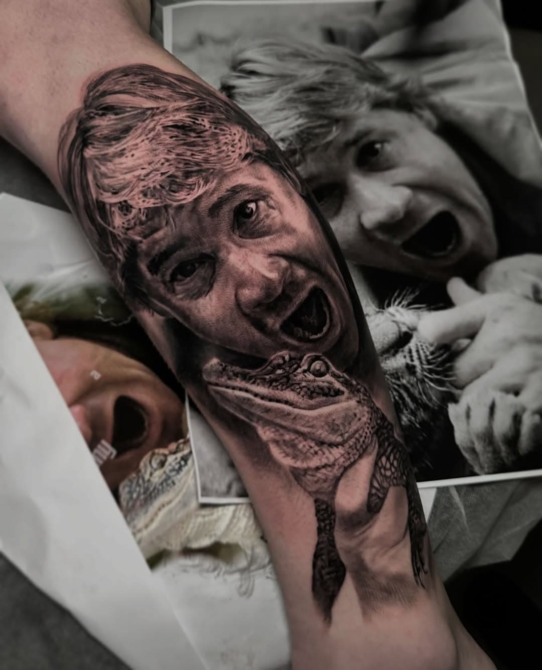 In 2006 we lost a legend 💔 
🐊 RIP The Crocodile Hunter 🐊

Steve Irwin portrait from yesterday to start Daniel’s leg sleeve 🙌🏼💪🏻

📍 @atlnts.studio

Booked closed

Cancellation list is on my website 
Dylanwebertattoos.com

Sponsored by
@kwadron
@empireinks
@inkeeze
@inkjecta
@tattooarmour_australia 
@ghostlineapp

#sleevetattoo #portraittattoo #australianartist #kwadroncartridgesystem #kwadroncartridge #steveirwin #thecrocodilehunter #crocodilehunter #australiazoo #australianicon #tattooart #realism #ink #art