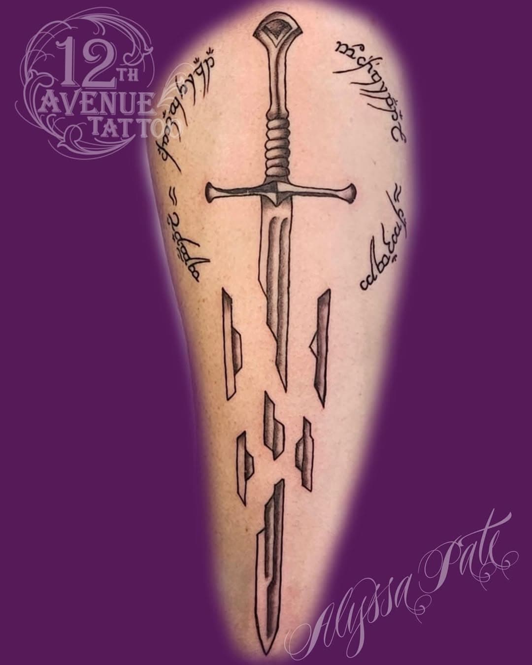 From the ashes a fire shall be woken,
A light from the shadows will spring;
Renewed shall be blade that was broken,
The crownless again shall be king.

Ally did this excellent piece a little while back, and it’s a great one! We always love a good Fandom piece and LOTR is always beloved. Keep an eye out for a few more swords from Ally on the feed she’s got a couple more to show off before long!

To get your own artifact armament or sentient jewelry you can reach us at (208) 461-1478 via call or text or submit a consultation form at 12thavenuetattoo.com

#lordoftheringstattoo #narsiltattoo #blackandgreytattoo #femaletattooartist #downtownnampa #swordtattoo #lotrtattoo #auntninasays #idahotattoolady