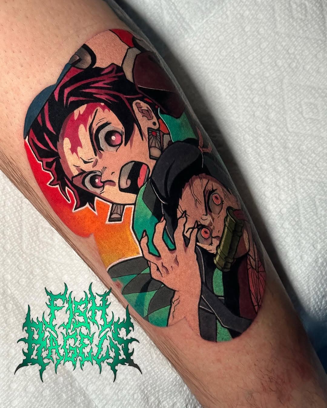 Here is another Demon Slayer tattoo I got do! Client had a deep wound on his shin so we colored around it and will fix that spot later 😂 #art #artist #tattoo #animetattoo #anime #demonslayer #kimetsunoyaiba #tanjiro #nezuko #color #dfw