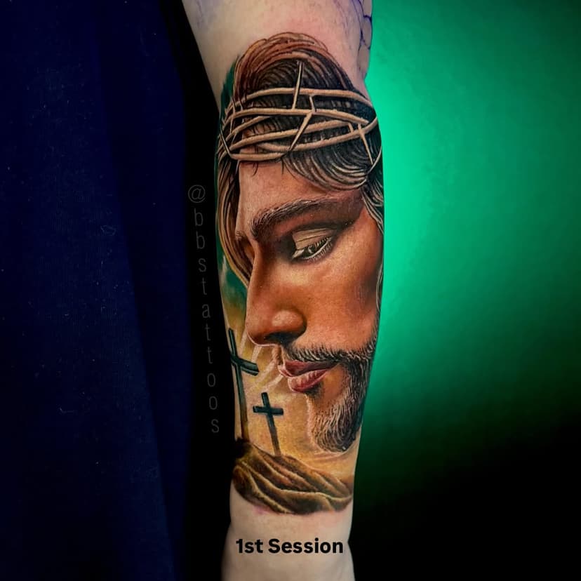 I hope you guys enjoy my 1st ever color realistic portrait of a *melanated* Jesus. I’ve always been nervous to tattoo such an Iconic figure but, I am super pleased with the results! 

The next session we will finalize and complete the hair and some details on the top section. Thank you so much for looking! If you’re in the market for color realism-hit me up! 

#tattoo #tattooart #tattooartist #pennsylvania #patattooers #lockhaven #pinchnpoke #pinchnpoketattoostudio #jesus #jesustattoo #statecollege #williamsport #femaletattooartist #colortattoo #colorrealism #570 #fyp