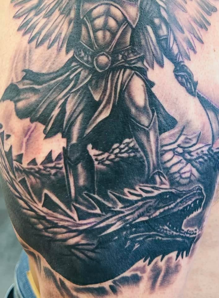 Sneak peak of yesterday’s efforts ran out of time and will get back into it in a few weeks on Barney’s arm here at Conquest Tattoo