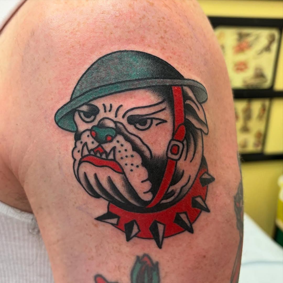 Fresh bulldog and some healed work spanning the last twelve years on @hay_ron Nice to see you as always and thanks for getting tattooed Aaron. @emeraldclubtattoo