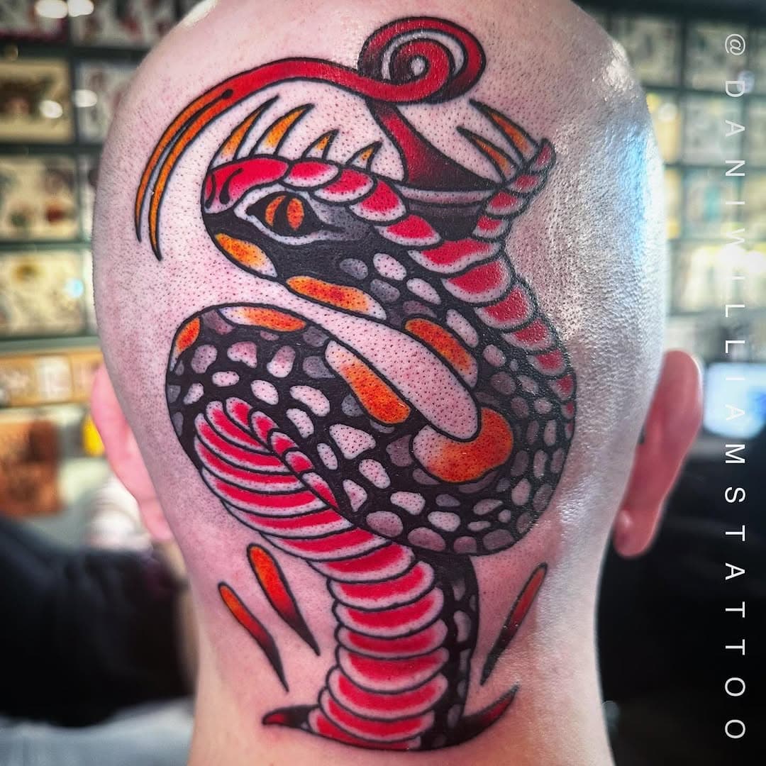 Snake on the back of the head for @yareidde 
Honored to get to make this for you!
.
Swipe for more pics➡️
.
Made at @gardencitytattoos 
Beverly,MA
.
Next booking round is 3/15 for June and July ‘25
Click the link in bio to sign up for my email list to get info first about next booking rounds and other events✨