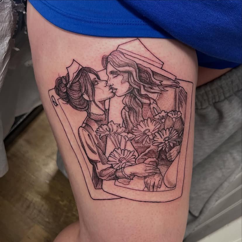 How cool is this idea?! My client wanted two girls kissing, beautifully emerging from a card deck!  It was done on Valentine’s Day… ♥️

#ValentinesTattoo #TattooArtist #LoveIsLove #TarotTattoo #KissingGirls #CreativeInk #TattooMagic #KansasTattoo