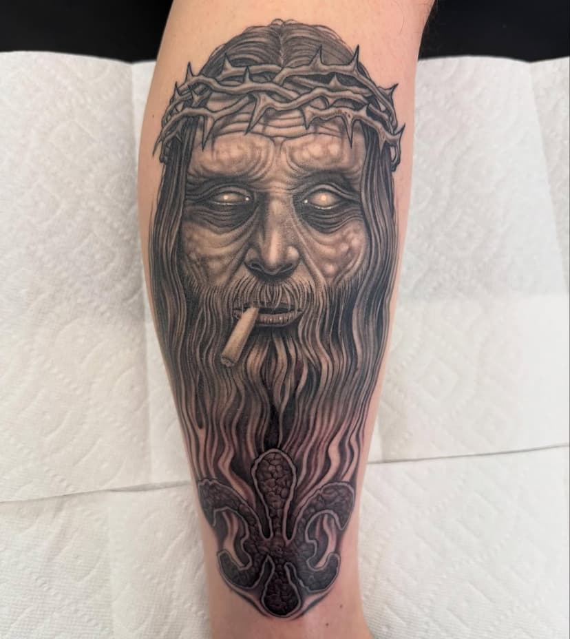 Tattooed my buddy Bob G last night. A couple months ago we did the zombie Jesus, a design I drew for our Upside DOWN tribute band. We added a Down Fleur de Lis. I customized it and made it like stone (a nod to ‘Stone the Crow’ maybe?) and some smoke to tie it to the beard. (A nod to ‘Bury Me in Smoke’ maybe?) @upside_down_tribute_band @down_nola @intenzetattooink @bishoprotary @gorillaglove @h2oceanproteam @sullenclothing @mdwipeoutz #intenzebobtyrrelladvancedblackandgreytattooinkformula #intenze #bishoprotary #bishoppowerwandpacker #bishoppowerwandwithadvancedbattery #upsidedown #creepytattoo #blackandgreytattoo #nofilter