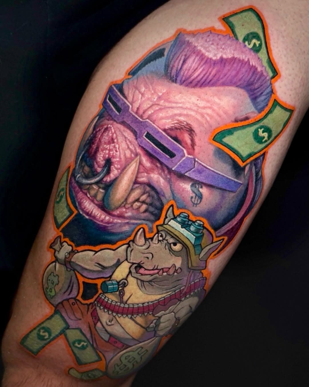 BEBOP AND ROCKSTEADY: collab by @evanolintattoo and @andylargetattoo done at the @theallstarstattooconvention. Thanks so much to @monsterkreations for hosting us in the booth, and for supplying us with these awesome #EOkaps, the best ink caps for color mixing. Big shout out to our awesome client @toysnobs for trusting us to put this fun design together, sitting like a champion and hooking us up with the dopest threads (seriously check out @toysnobs if you are a pop culture fan like us)

Used @fusion_ink @fytsuppliesusa_ @hustlebutterdeluxe @electrumsupply  @secondskintac  @tattooarmourpro @monsterkreations