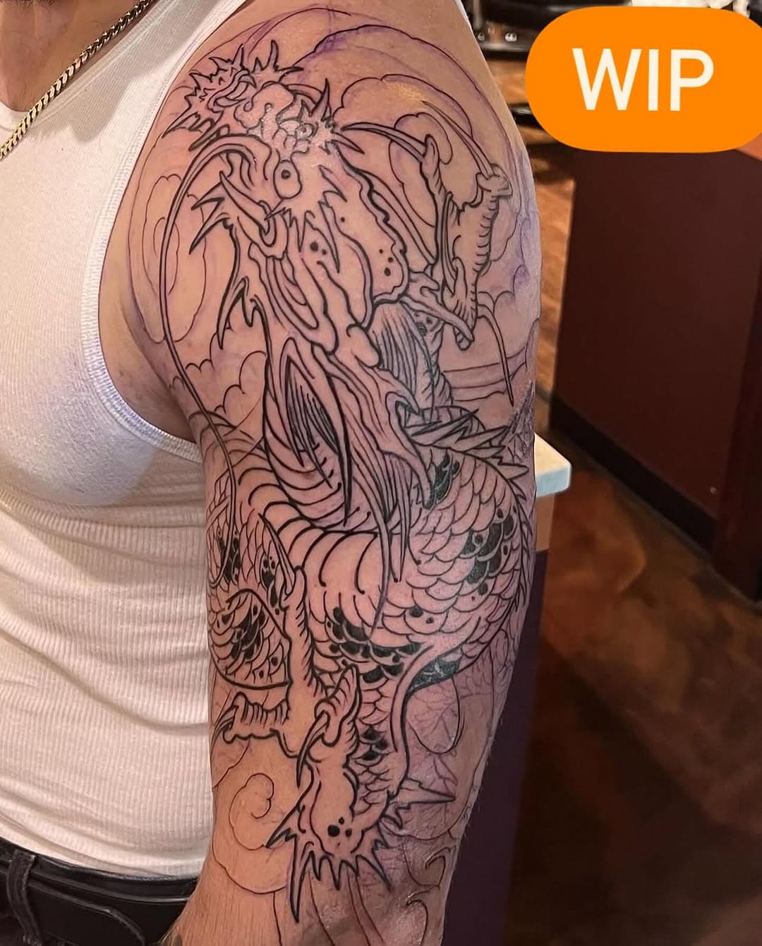 WIP FROM TORI! @brew_crew_ink always booking!(425)412-3864 call walk-in or send a DM FOR INFO #dragontattoo  #outline  #lynnwoodtattoo #seattletattoo #edmondstattoo #everetttattoo #tattooloverscare