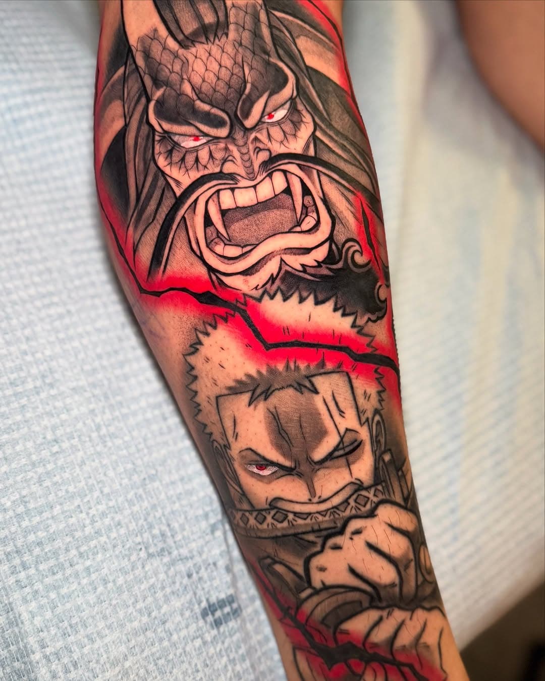 Another addition to this sleeve! Zoro healed (except his eye lol). Cant wait to work on Tiens leg some more! 
.
.
.
.
.
#onepiece #tattoo #animetattoo #jacksonvilletattoo #jax #floridatattoo #floridafishing #orlandotattoo #miamitattoo #georgiatattoo #tampatattoo