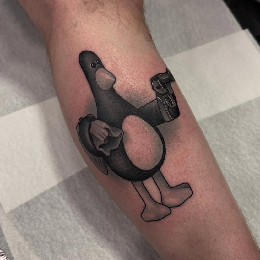 First one done at @brightontattoocon thanks for making the trip Jake, enjoyed this one! 🔫 @butterluxe_uk #wallaceandgromit #feathersmcgraw