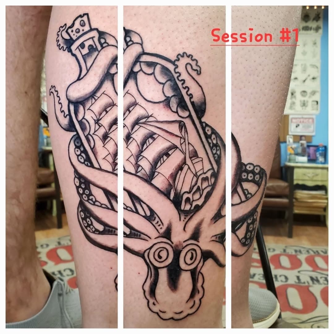 Done by @kyle_bob_85 #deltainktattoo #indianatattooartist #octopustattoo #shipinabottletattoo #guitartattoo #coveruptattoo #flowertattoo #eyeglassestattoo #handwritingtattoo #thumbprinttattoo #wingstattoo #blackcattattoo