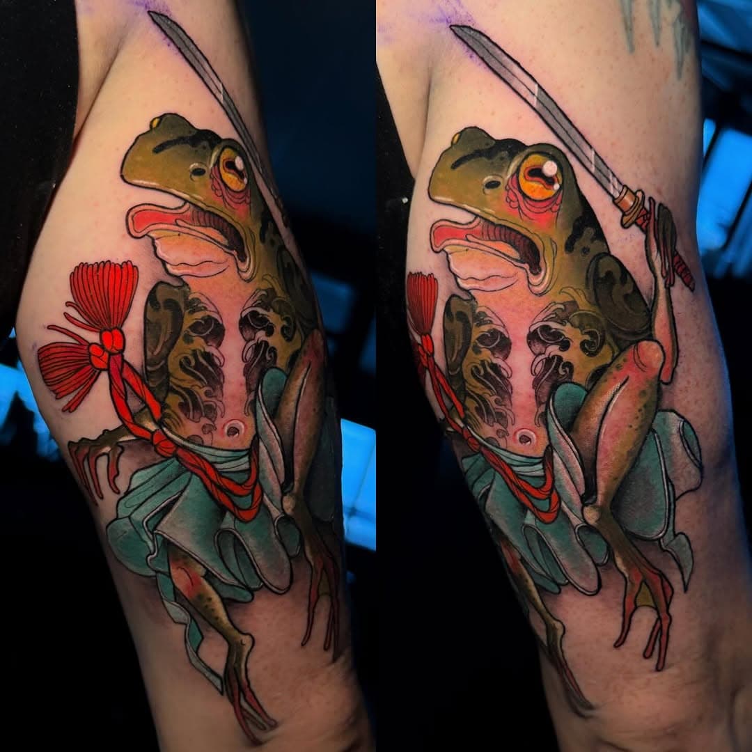 Kaeru for Ryan! Thanks as always man✊🏻 first pic fresh and then next day photo.  #nature #sketchbook #surrealism #illustration #lifeofanartist #yyc #yegtattoos #art #mothernature #tattooartist #oddities #edmontontattoos #customdesign #colortattoo #neotraditionaltattoo #neotraditional #frogtattoo #frogsofinstagram #kaeru #kaerutattoo