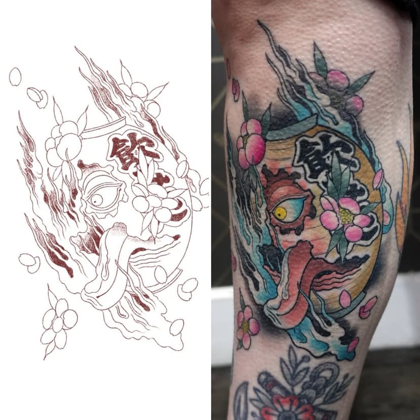 From #linedrawing to #healedtattoo 
#chochinobake the haunted paper lantern. Either possessed by a spirit or having developed a soul after reaching 100 years of age.

Tattooed on @katie_calderbank 

Tattooed and healed with @lovehope.tattoocare 

#yokai #yokaitattoo #yokaiworld #japanesefolklore #healedtattoos #calftattoo #gapfillertattoo #lovehopetattoocare #blackhopetattoo #colchester #colchestertattoo #colchestertattooist #essex #essextattoo #essextattooist #alanaldred