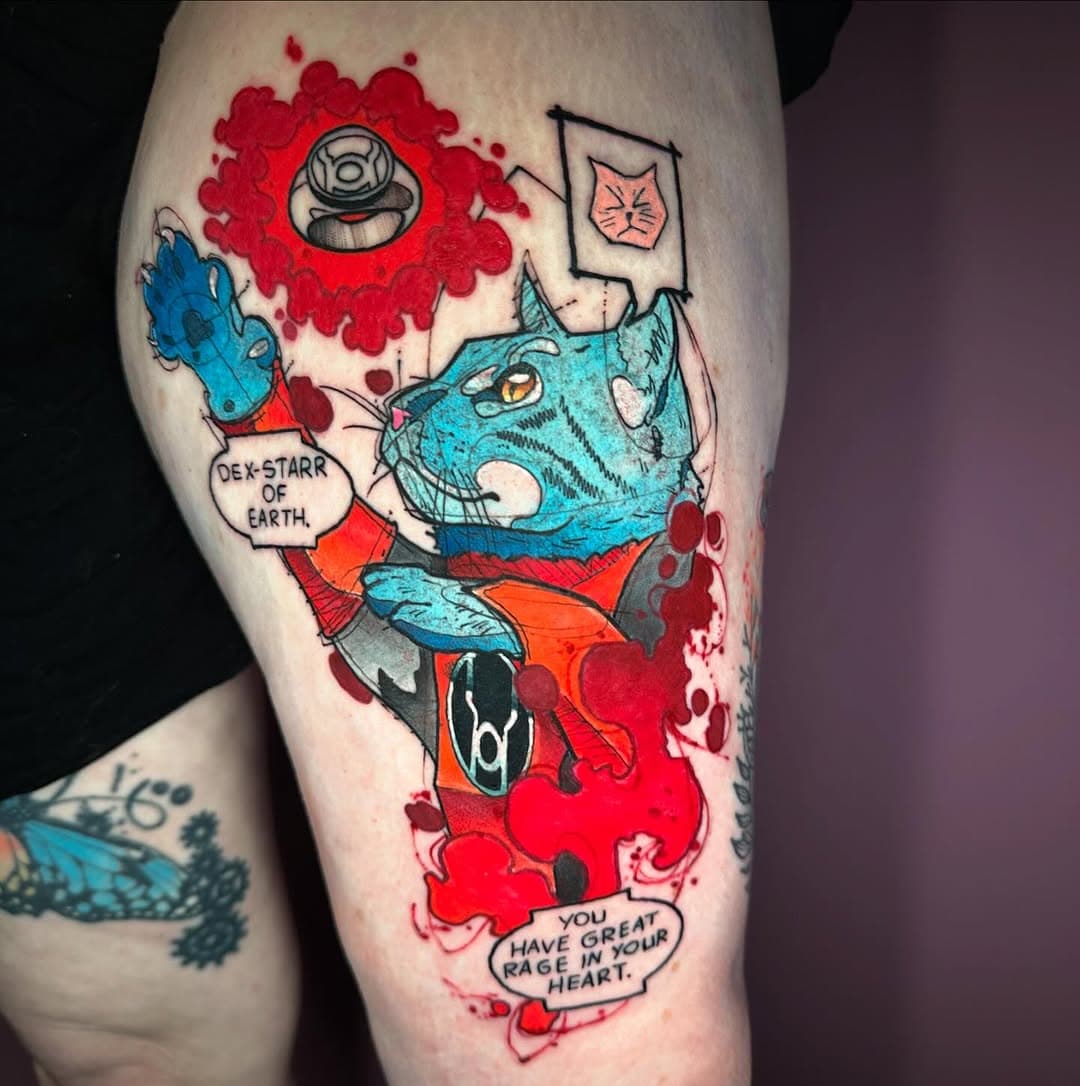 This was the winner of my free tattoo. I wanted to do something that pushed me and allowed me to grow and I’m proud of this tattoo! I don’t know much about Dex-Starr outside of injustice 2 but pretty freaking rad that a cat got the power of the red ring to avenge his owners death. Thanks for looking! #tattoo#tattoos#tat#tats#comicbook#comicbooktattoo#greenlantern#dccomics#jamesgunn#animals#cat#catlover#injustice2#batman#superman#yournewfavoriteink#hivecaps#peakneedles#bishoprotary#fkirons