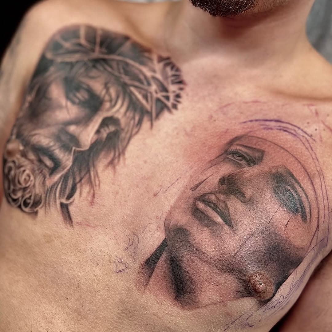 Jesus & Mary realism by - @davyjuicytattoo 
.
.
.
.

For inquiries or bookings, feel free to email us or send us a DM—we’re here and ready to assist!
.
.
.
.
Your idea or our artists designs, let’s chat! Email us for booking or enquires 
Bookings: info@fullmoontattoo.com.au
Contact: (03) 9510 1892
__________________________________________________________
#fullmoontattoo #fullmoontattooparlour #blackandgreytattoo #lineworktattoo #neotraditional #blackandgreyportrait #sketch #realistictattoo #realism #tattooed #tattooist #tattoos #tattooart #tattoooftheday #colourtattoo #tradtattoos #prahrantattoo #melbournetattoo #customtattoo #chesttattoo #realism #jesustattoo #marytattoo