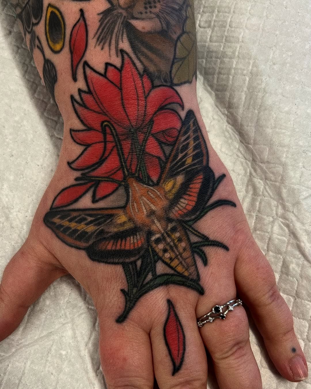Healed on Rhiannon’s hand ✌🏼 @oldsoultattoostudio * 
* 
*
* 
*
* 
* 
* #tattoos #tattoodaily #TAOT #bodyart #tattooed #inked #ink #tatts #instatattoo #art #tats #design #illustration #instaart #body #neotraditional #instadaily #newtattoo #TattooistArtMagazine #d_world_of_ink #oldsoultattoostudio #healedtattoo #mothtattoo #handtattoo