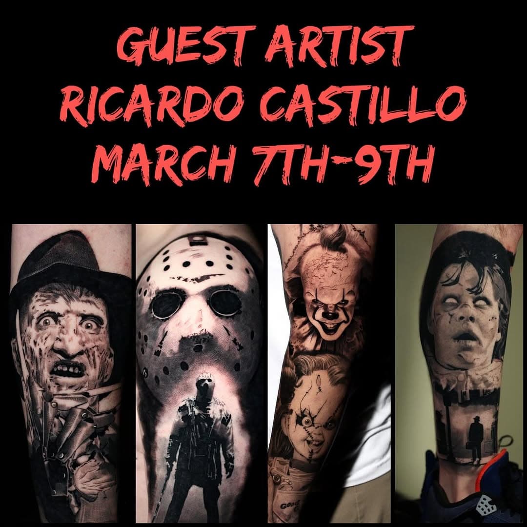 We are excited to have LA artist @r17tattoos here for a guest spot March 7th through 9th. To book with him, send a DM or text him at 323-898-5192.

#horrortattoo #blackandgreytattoo #guestartist #depictiontattoos #arlingtontx