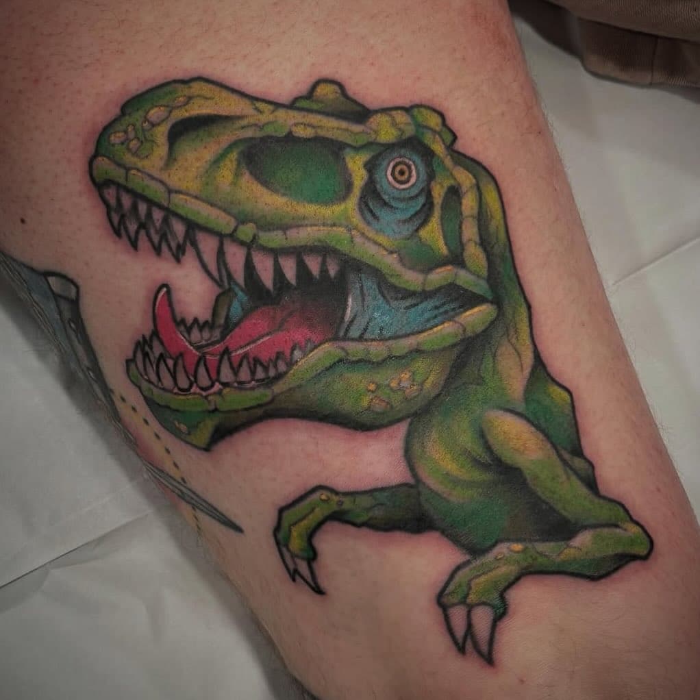 T Rex for the homie @mikey_low_lo by the homie @cookietattoo Thanks for being a real one Mikey P! And thanks to Cookie for making rad tattoos. 
.
.
.
.
.
:
.
.
:
.
.
#gracelandtattoo #wappingersfalls #villageofwappingers #hudsonvalley #hudsonvalleytattoos #bright_and_bold #trex