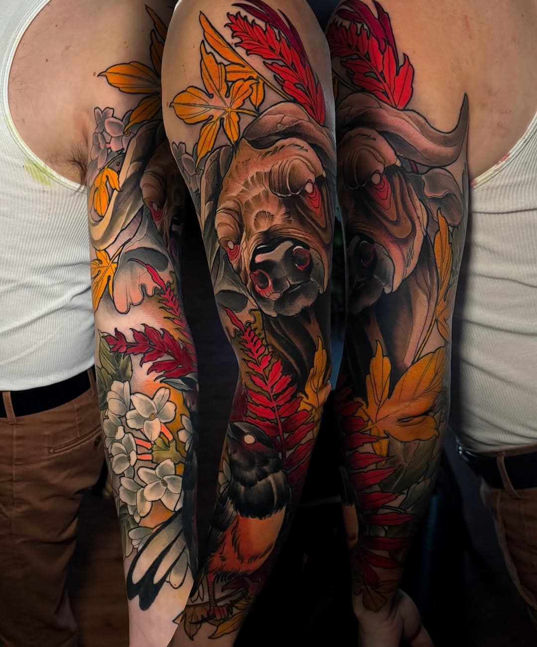 I’m so thankful for my incredible clients. John travelled from Detroit and we got this Cape buffalo sleeve done in 3 separate sessions. Thank you for your dedication and determination. Not bad for your first tattoo (ish, we won’t count that other one haha). Top color is fresh, bottom is all healed… ! #illustration #lifeofanartist #yegtattoos #tattooartist  #calgarytattoos #edmontontattoos #customdesign  #colortattoo #neotraditionaltattoo #neotraditional #neotradstyle #tattoodetails  #fillertattoo #illustrativetattoo  #surrealism #surrealismtattoo #yegtattooer #buffalotattoo #naturesleeve #birdtattoo