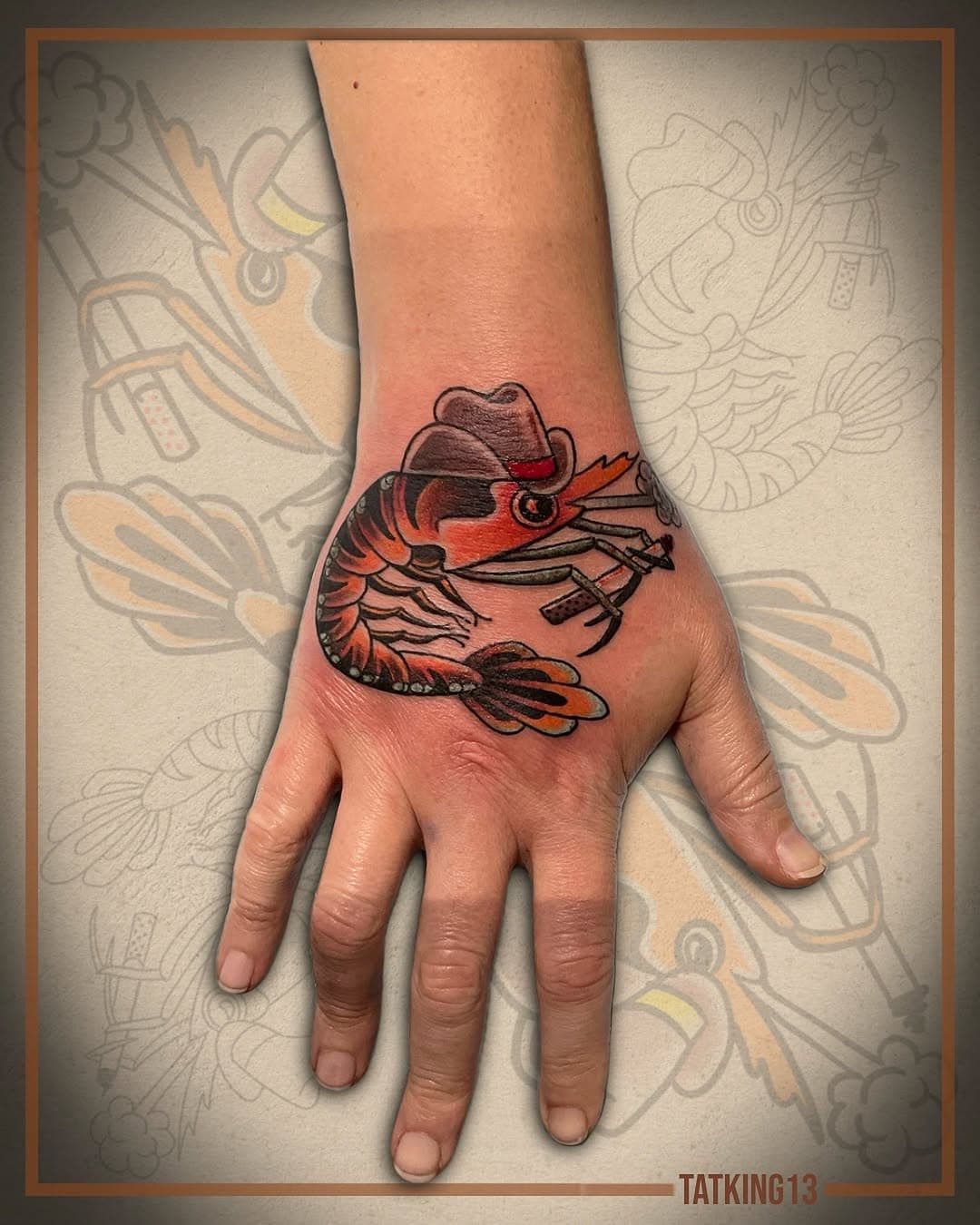 Howdyhowdyhowdy 🦐🤠💨 Fun one by @tatking13 
.
Books: Open for consultation and tattoo appointments!
.
#tattoo #ink #tattooart #trad #traditionaltattoo #handtattoo #prawn #prawntattoo #cowboy #colourtattoo #trad #sydney #balmain