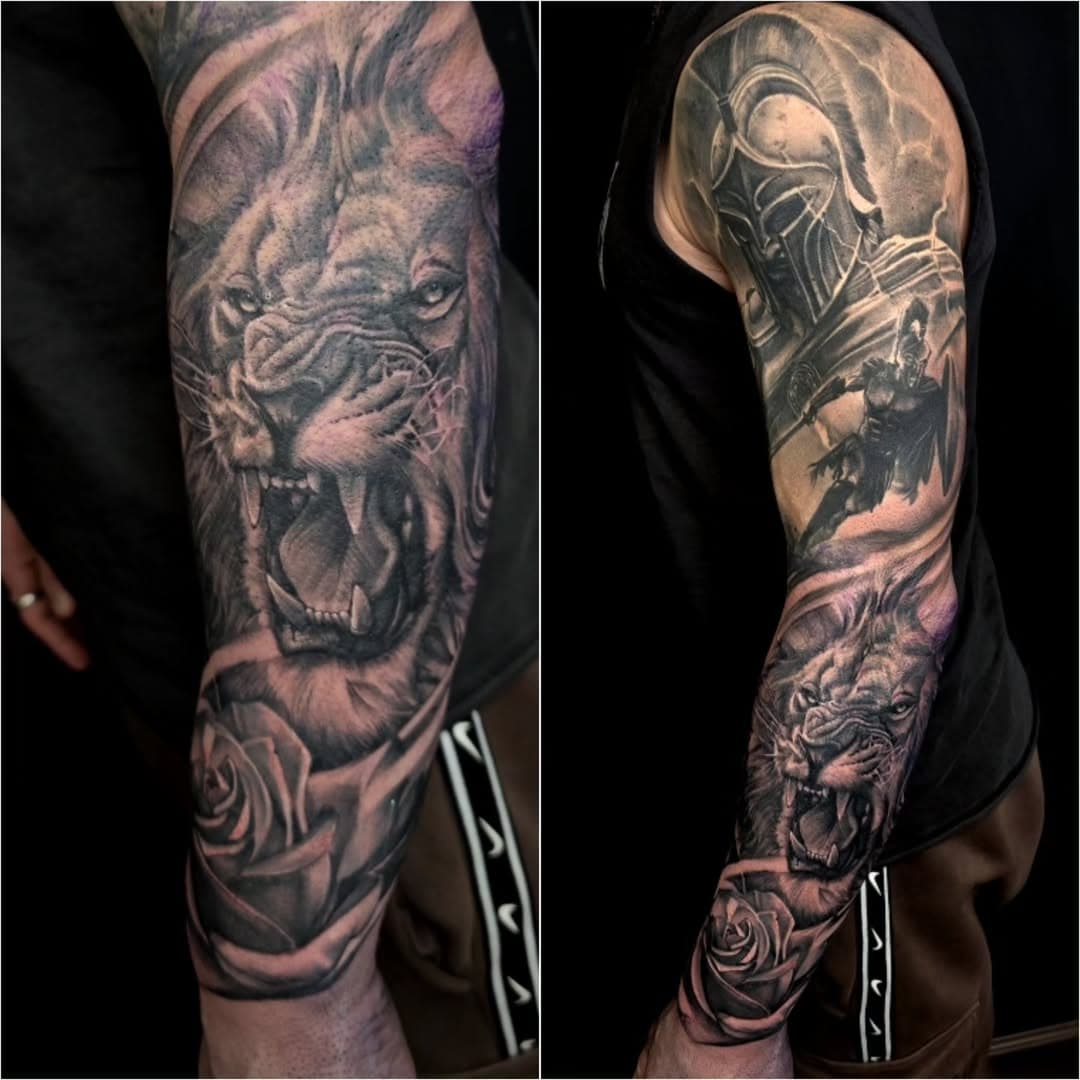 The classics... upper healed from last year. 

#tattoo #tattoooftheday #tattoosleeve #lion #rose #spartan #blackandgreytattoo #ink #vividink #vividinkbirmingham #killerink #uktta ##uktoptattooartists #healedtattoo #skinart_healed #skinart #picoftheday