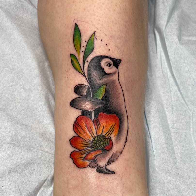 Flower/ penguin morph. #flowertattoo #penguintattoo #morphtattoo #animaltattoo #flower #penguin #traditional #neotraditionaltattoo #color #fleshtattoo #marylandtattooer #baltimore #belair #fallston #getemwhileyacan #yourdesignormine #theboldlookofkohler #kapow