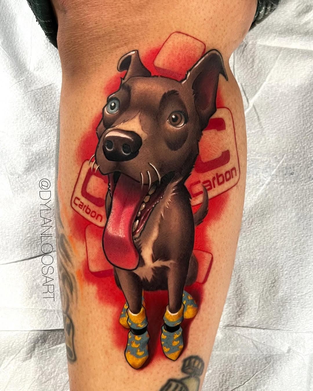 The good ol boy, Carbon in duck socks! Thanks Adrianna for the trust. And thanks for l👀king! #dloosart #tattoo #dogtattoo #carbon #colortattoo #arizonacolortattooartist