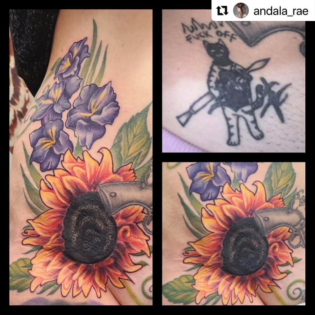 @andala_rae 
・・・
We finished this lovely cover up recently; that cat was a menace! I love how this sunflower turned out though! #coveruptattoo #putafloweronit #flowerpower #sunflowertattoo #colortattoo #gladiolustattoo #infiniteartist #infinitearttattoo