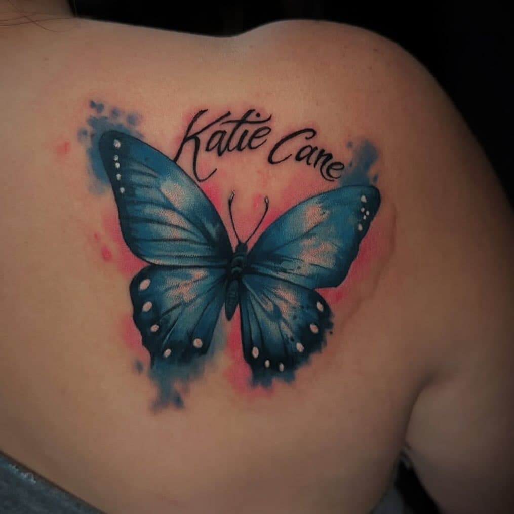 Love the blues in this butterfly done by our pack leader @daveyspataro! #tattoo #nj #newjersey  #njtattooartist #customtattoo #newfoundlandnj #tattoo #okamitattoo #butterfly #butterflytattoo
