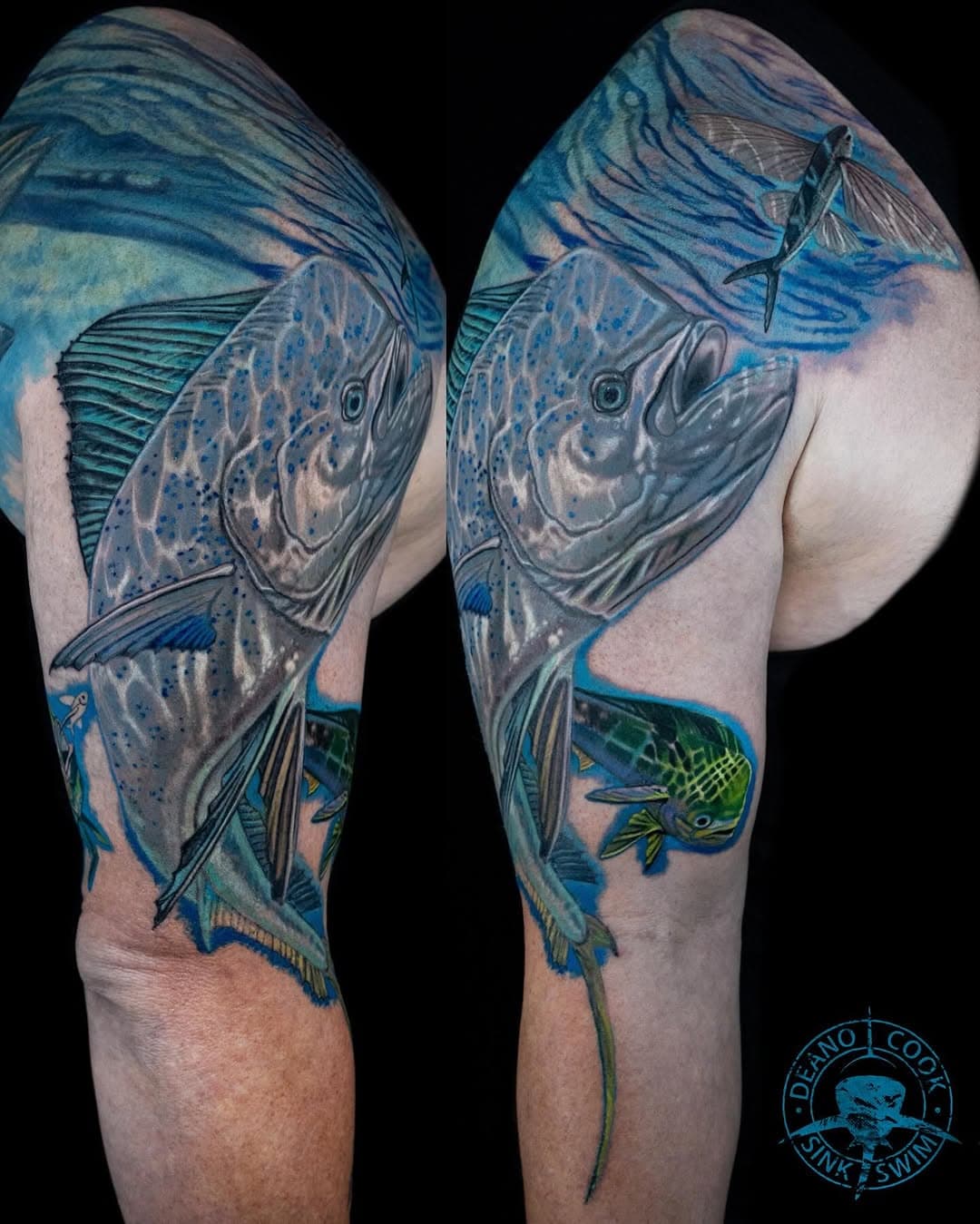 Follow up post to the #BlueMahiMahi I shared a few posts back. I’ve done a lot of #MahiMahi tattoos but I’ve never done the more rare Blue version. I’ve never had a request until now. Come to think of it, I’ve never seen it tattooed before. This connects to a full back tattoo I did of Yellowfin Tuna. I’m also doing a Wahoo sleeve on the other arm. Mike Kennedy ( @crazykennedys )always goes big and always tells me to do what I want to do. We’ve become very close friends and we do lots of adventures together out on the Ocean.  Thank you so much Mike for all your trust and commitment. 
@sinkorswim_studio 
SPONSORED BY:
@aftercareh2ocean 
@h2oceanproteam 
@fusion_ink 
@fkirons 
@hivecaps 
@anchored_stencil 
#mahimahitattoo #fishtattoo #fishtattoos #fishingtattoo #fishingtattoos #oceantattoo #oceantattoos #oceanart #deanocook #deanocooktattoo 
@eddiekolos 
@pastduefishing 
@therealfam242 @musbedreamincharters