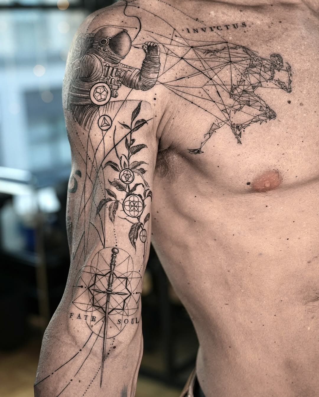 This tattoo symbolizes the journey of the soul, resilience, and love. The astronaut represents exploration, while the geometric runner embodies endurance and discipline—reflecting the wearer’s passion for marathons with his wife. “Invictus” reinforces an unconquered spirit, while the sword and sacred geometry connect fate, love, and purpose. It’s a tribute to perseverance, unity, and the balance between the physical and the spiritual.
.
@rothschild.fineart 
@onyxtattoosupply
@jconly_official 
@masttattoo.official 
#finelinetattoo #tattoo #fineline #ink #arttattoo #spiritual #tattooartist #explore #tattooart #tattoos #tattoodesign #vegan  #viral #tattooidea