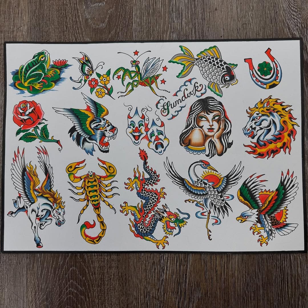 My sheet for this Sundays @greenlotustattoo Sydney rd Festival flash day. 

Designs $200- 400, colour or black and grey, arms and legs only.

Heaps of other artists/designs to choose from if you think these are trashhhh.

So get out there and treat yourself to a potato stick and a tattoo. Excited to be back where it all started 🌈✨