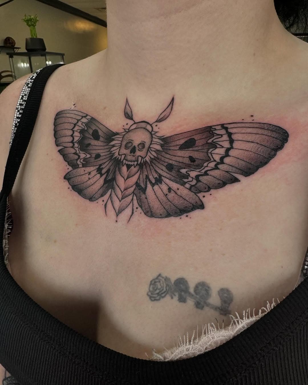 Chest piece!! So much fun today! ✨✨✨ @darkworksbodyart 

DM TO BOOK 

#tattoo #tattoos #tattooed #tattooshop #art #artwork #draw #drawing #moth #mothtattoo #blackandgreytattoo
